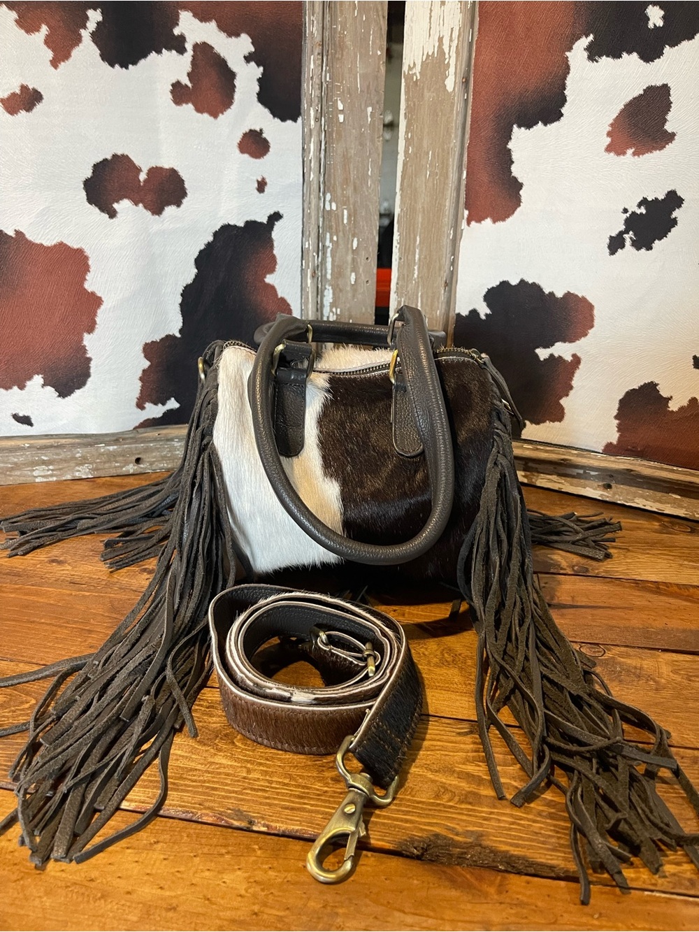 Fringe Cowhide Leather Satchel Bag - Brown & White